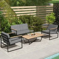 Outsunny Set mobilier de grădină pentru 4 persoane, rezistent la intemperii, set mobilier balcon cu sofă 2 locuri, 2 scaune, perne, măsuță laterală Gri(m-4)