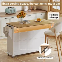 Practical Kitchen Island with 3 Drawers, Door-Mounted Shelf, Trendy Cart with Foldable Countertop, 140L x 70W x 90.5H cm, White+Natural(m-7)