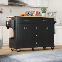 Versatile Kitchen Trolley with Extendable Worktop and 5 Drawers, Sturdy Buffet with Lockable Castors, 140L x 65W x 89H cm, Black+Natural(m-12)