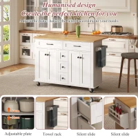 Versatile Kitchen Trolley with Extendable Worktop and 5 Drawers, Sturdy Buffet with Lockable Castors, 140L x 65W x 89H cm, White+Natural(m-6)