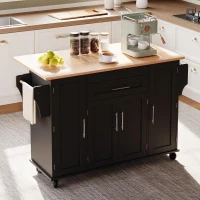Versatile Kitchen Trolley with Fold-Out Worktop, Spacious Storage Island with Double-Door Cabinets, 136L x 70W x 92H cm, Black+Natural(m-9)