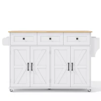 Practical Kitchen Island with 3 Drawers, Door-Mounted Shelf, Trendy Cart with Foldable Countertop, 140L x 70W x 90.5H cm, White+Natural(m-2)