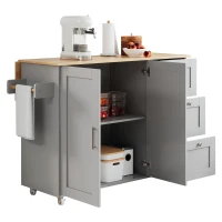Versatile Kitchen Island with 3 Drawers and 2-Door Cabinet, Space-Saving Rolling Trolley with Foldable Worktop, 135L x 70W x 90H cm, Grey(m-14)