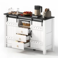 Versatile Sideboard with 3 Drawers and Quiet Sliding Doors, Rustic Buffet Cabinet for Kitchen, Dining Areas, 120L x 40W x 80H cm, White(m-10)