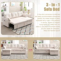 L-Shaped Convertible Sectional Sleeper Sofa with Pull Out Bed, 3-In-1 Convertible Sofa with High Storage Chaise, 206L x 130W x 88H cm, Beige(m-7)