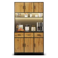 Stylish Tall Pantry Cabinet with App-Controlled LED, Spacious Larder Unit with Water-Resistant Worktop, 100L x 40W x 180H cm, Black+Natural(m-10)