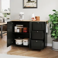 Versatile Kitchen Island with 3 Drawers and 2-Door Cabinet, Space-Saving Rolling Trolley with Foldable Worktop, 135L x 70W x 90H cm, Black(m-8)