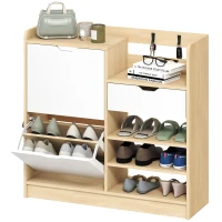 HOMCOM Scarpiera Ingresso con Cassetto Ripiani Aperti 4 Ganci per 14 Paia di Scarpe Naturale e Bianco(m-6)