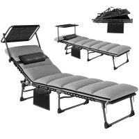 Outsunny Folding Sun Lounger with Canopy, Reclining Sunbed with Cushion, Side Pocket, Carrying Handle, Light Grey(m-10)