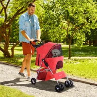 PawHut Passeggino per Cani Piccoli Pieghevole, Carrozzina per Cani con Ruote con Freni, Portabicchieri, Cestino Portaoggetti, 3 Finestre e Ruote Anteriori a 360°, per Animali Domestici 10 kg, Rosso(m-2)