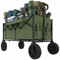 Outsunny 95L Foldable Festival Trolley on Wheels, Collapsible Wagon Cart with Adjustable Handle and 2 Cup Holders, Dark Green(m-10)