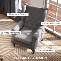 HOMCOM Elegante Oorfauteuil, Dik Gepolsterd, Afneembare Hoes, 74 x 86 x 102 cm, grijs+zwart(m-4)