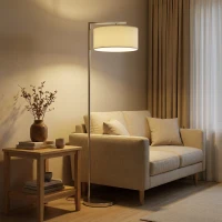 HOMCOM Floor Lamp, Modern Standing Lamp with Linen Lampshade, Round Base for Living Room, Bedroom, Dining Room, 153cm, Silver Tone(m-8)