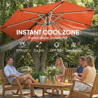 Outsunny 3 m Garden Cantilever Parasol with LED Solar Light, Round Overhanging Umbrella with 360° Rotation, Cover, Orange(m-5)