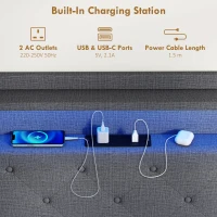 HOMCOM Floating Bed Frame, Upholstered 4ft6 Double Size Bed, Platform Bed with RGB LED Lights and Charging Station, Grey(m-6)