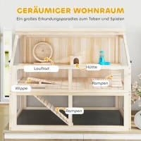 PawHut Houtenen hamsterskooi 3 verdiepingen knaagdierkooi met wip, looprad en huisje 95 x 53 x 76 cm natuurhout(m-4)