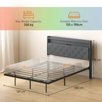 HOMCOM Floating Bed Frame, Upholstered 4ft6 Double Size Bed, Platform Bed with RGB LED Lights and Charging Station, Grey(m-3)