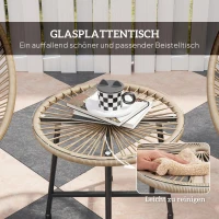 Outsunny 3-delige Tuinmeubelset, 2 Kunststofrattan Stoelen, 1 Tafel met Glazen Blad, Stalen Frame, Buiten Zitmeubels, Lichtbruin(m-6)
