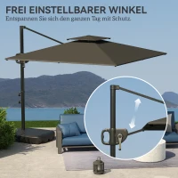 Outsunny Ampelschirm 247 x 247cm neigbar Sonnenschirm mit Doppeldach Kurbel Ständer Wasserabweisend Dunkelgrau(m-5)