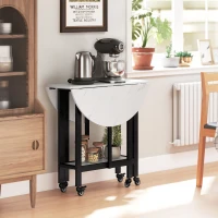 HOMCOM Folding Dining Table, Drop Leaf Table with Open Shelf, Rolling Kitchen Table for Dining Room, Small Spaces, White Marble(m-8)