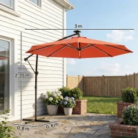 Outsunny 3 m Garden Cantilever Parasol with LED Solar Light, Round Overhanging Umbrella with 360° Rotation, Cover, Orange(m-3)