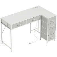 HOMCOM Scrivania Angolare con 6 Cassetti, Gancio Laterale e Prese Integrate, in Legno e Acciaio, 126x48x80 cm, Bianco(m-1)