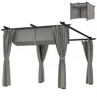Outsunny 3 x 3 m Retractable Roof Pergola, with Curtains - Light Grey(m-11)