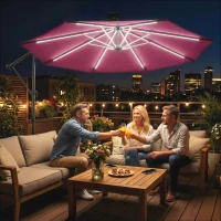 Outsunny 3 m Garden Cantilever Parasol with LED Solar Light, Round Overhanging Umbrella with 360° Rotation, Cover, Wine Red(m-2)