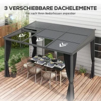 Outsunny Pergola 3,65m x 2,55m paviljoen met schuifdak, grijze gordijnen(m-4)
