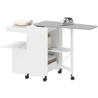 HOMCOM Bügelmöbel, klappbares Bügelbrett auf Rollen mit Drucköffnungstüren, Soft-Close-Scharniere, weiß(m-7)