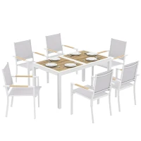 Outsunny Conjunto de Mesa y Sillas Jardín con Mesa de Plástico PSPC y 6 Sillas Apilables Transpirables para Terraza Patio Blanco(m-10)