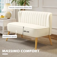 HOMCOM Divano 2 Posti in Tessuto Effetto Lino Senza Braccioli con Gambe in Legno, 117x56.5x77 cm, Bianco Crema(m-4)