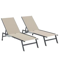 Outsunny Sun Loungers Set of 2 with Side Tray Table, Garden Recliners with 5-Position Adjustable Backrest, 2 Wheels, Khaki(m-1)