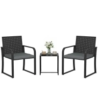 Outsunny Gartenmöbel-Set aus Kunstrattan mit 2 Stühlen inkl. Kissen und Tisch mit Glasplatte, Grau(m-7)