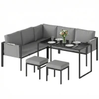 Outsunny Conjunto de Jardim Sofá de Canto Exterior 6 Peças Almofadas 10 cm Mesa Alta e 2 Pufes Cinza(m-7)