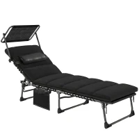Outsunny Folding Sun Lounger with Canopy, Reclining Sunbed with Cushion, Side Pocket, Carrying Handle, Black(m-1)