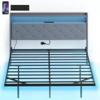 HOMCOM Floating Bed Frame, Upholstered 5ft King Size Bed, Platform Bed with RGB LED Lights and Charging Station, Grey(m-10)