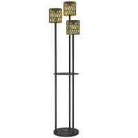 Outsunny Boho Rattan Floor Lamp, 3-Lights Rattan Lamp with Shelf, Freestanding Solar Garden Light with Auto On/Off Lights, Grey(m-10)