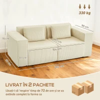 HOMCOM Canapea 3 Locuri Extra Adâncă 65 cm, Canapea Modulară Fără Cadru cu Perne Groase, Cotiere Largi și 2 Perne, Design Modern din Catifea cu Nervuri pentru Sufragerie, Bej(m-3)