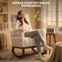 HOMCOM Fauteuil à bascule, rocking chair en flanelle neige rembourré, coussin lombaire, dossier haut, poches latérales, crème(m-5)