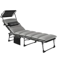 Outsunny Folding Sun Lounger with Canopy, Reclining Sunbed with Cushion, Side Pocket, Carrying Handle, Light Grey(m-1)