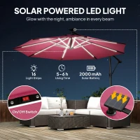 Outsunny 3 m Garden Cantilever Parasol with LED Solar Light, Round Overhanging Umbrella with 360° Rotation, Cover, Wine Red(m-4)