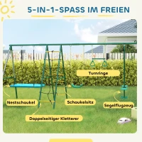 AIYAPLAY 5-in-1 schommelrek met verstelbare nestschommel, turnringen, tweezitter, klimrek voor 3-8 jaar 440x175x203 cm(m-4)