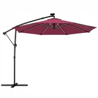 Outsunny 3 m Garden Cantilever Parasol with LED Solar Light, Round Overhanging Umbrella with 360° Rotation, Cover, Wine Red(m-1)