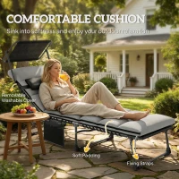 Outsunny Folding Sun Lounger with Canopy, Reclining Sunbed with Cushion, Side Pocket, Carrying Handle, Light Grey(m-6)