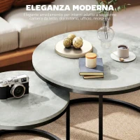 HOMCOM Set 2 Tavolini da Salotto Rotondi con Piano Effetto Marmo, in Legno e Metallo, Grigio Marmo(m-4)