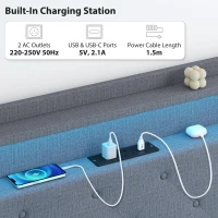 HOMCOM Floating Bed Frame, Upholstered 5ft King Size Bed, Platform Bed with RGB LED Lights and Charging Station, Grey(m-6)