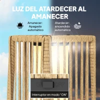 Outsunny Linterna de Jardín de Ratán Farola Solar Exterior con Luces LED Encendido y Apagado Automático Impermeable IP44 Arena(m-5)