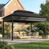 Outsunny Foișor de Grădină 4x3 m cu Perdele Laterale Rulante, Foișor Exterior cu 8 Orificii de Drenaj, Acoperiș Dublu și Structură Metalică, pentru Grădină, Balcon, Petreceri, Curte, Terasă, Gri Închis(m-9)