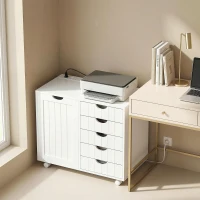 HOMCOM Móvel para Impressora com Estação de Carga e Rodas 5 Gavetas Portas USB Prateleira Ajustável Branco(m-4)